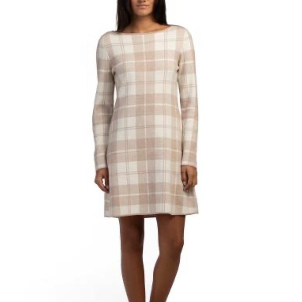 Tahari Womens S Tan Cream Plaid Sweater Dress NEW